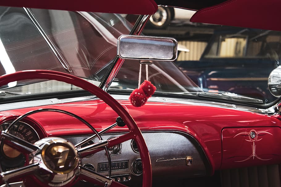 red vehicle interior, car, transportation, automobile, steering wheel HD wallpaper