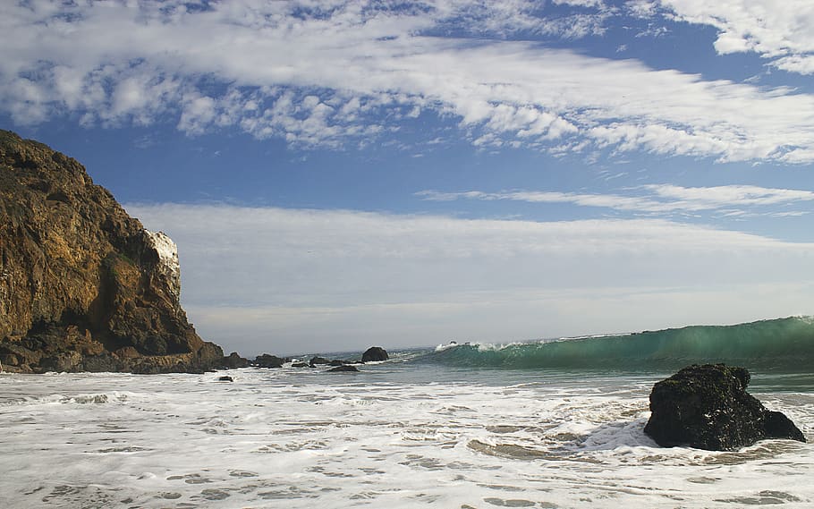 water, cliff, ocean, wave, malibu, rock, rock - object, sea HD wallpaper