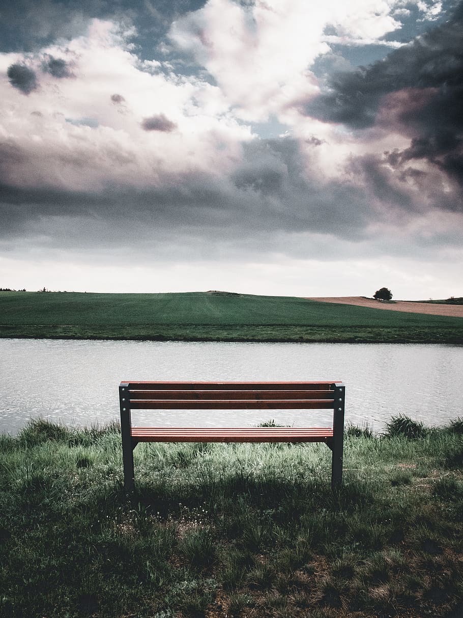 czechia, trnava, bench, cloud, clouds, storm, dark, water, grass HD wallpaper