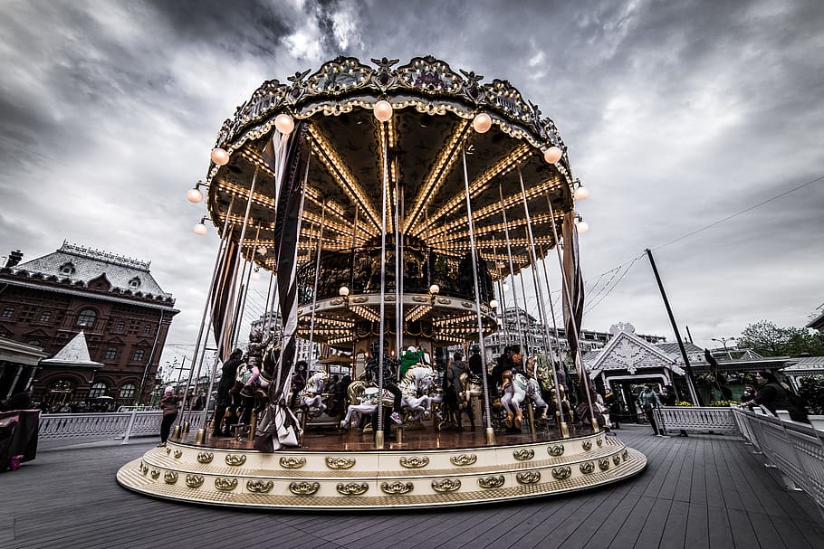 people riding carousel during daytime, sky, cloud - sky, amusement park HD wallpaper