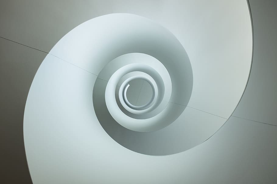 spiral white and gray illustration, stair, looking down, outdoors, HD wallpaper