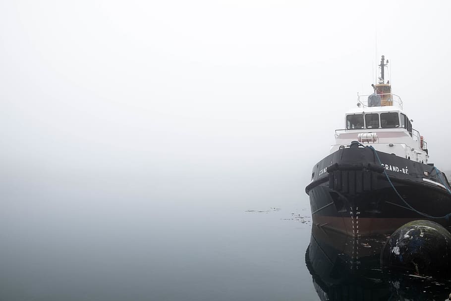 black and white ship on sea, transportation, boat, vehicle, vessel, HD wallpaper
