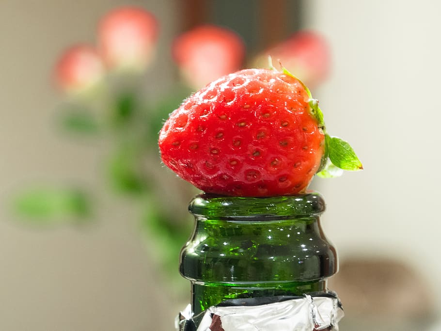 strawberry, bottle, roses, red, celebration, berry fruit, healthy eating HD wallpaper
