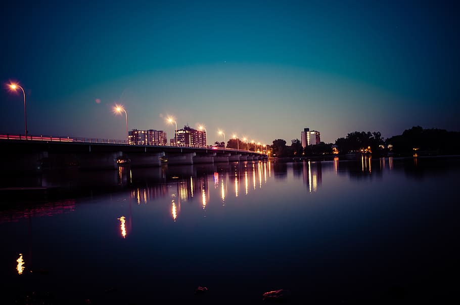 bridge, light, floor lamp, night, sky, city, reflection, dark HD wallpaper