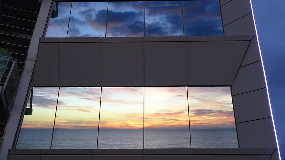 sunrise reflection crystals, sea, building, clouds, cloud - sky HD wallpaper