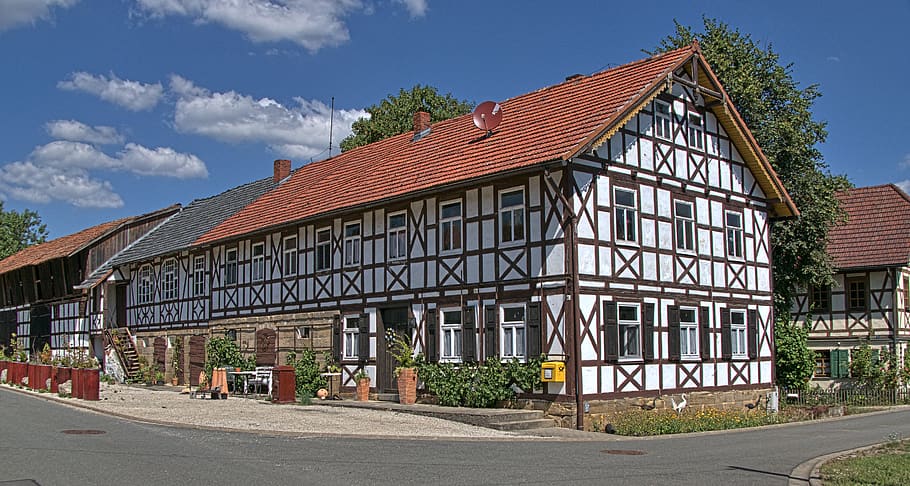 fachwerkhaus, farmhouse, building, roof, truss, facade, franconian, HD wallpaper