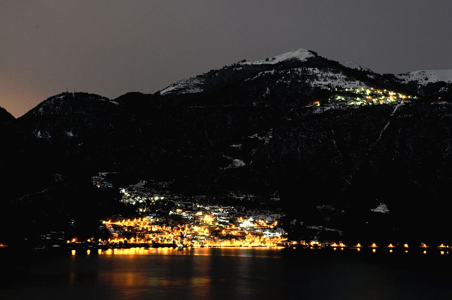 italy, nesso, lights, night, snow, mountains, lake como, illuminated, HD wallpaper