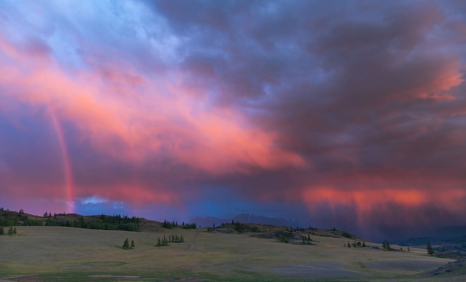 rainbow, sky, landscape, clouds, scenic, colorful, weather HD wallpaper