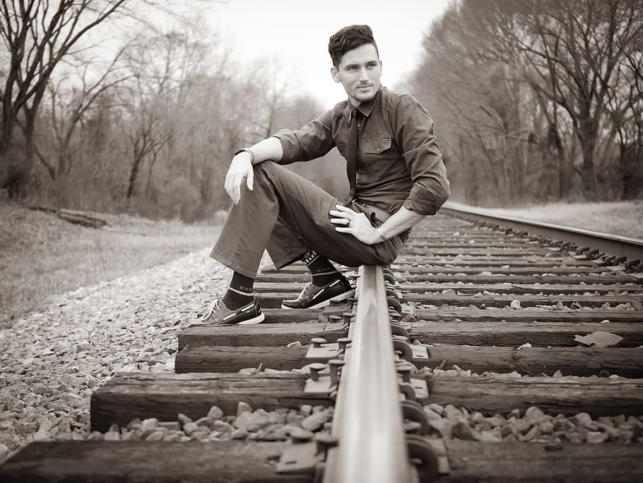 united states, noonday, sepia, woods, man, thoughtful, railroad, HD wallpaper
