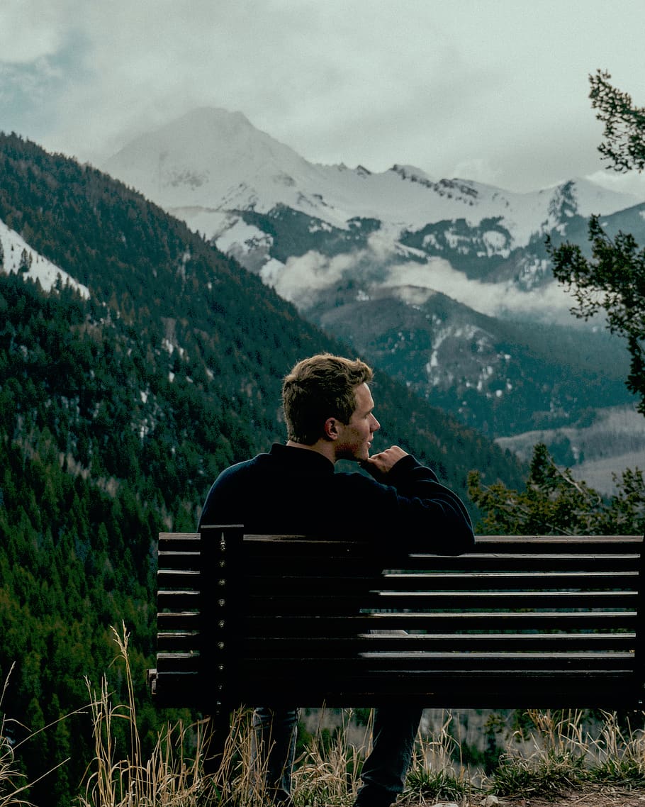 mountains, trees, bench, snow, smoke, nature, people, man, guy HD wallpaper