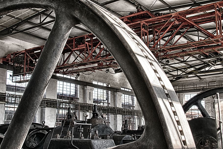 Grayscale Photography of Machine, building, construction, engine HD wallpaper
