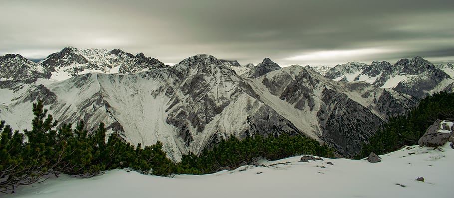 Rocky Mountain With Snow, alps, altitude, clouds, cold, daylight HD wallpaper