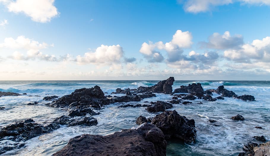 sky, rock, wave, sea, ocean, water, horizon over water, rock - object HD wallpaper
