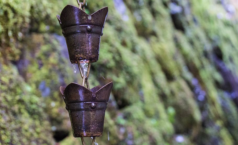 japan, flow, iron, cup, water, green, drop, metal, focus on foreground HD wallpaper