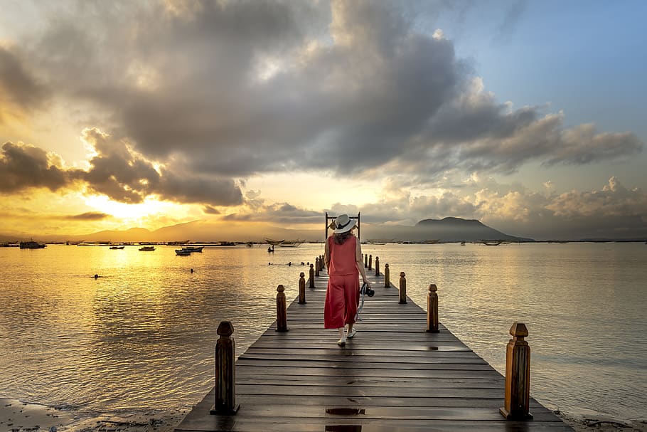 Woman Walking On Beach Dock, dawn, dusk, jetty, ocean, pier, sea HD wallpaper