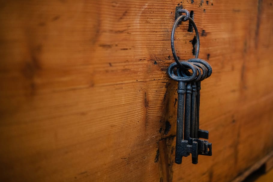 black skeleton keys, wood - material, close-up, safety, door HD wallpaper