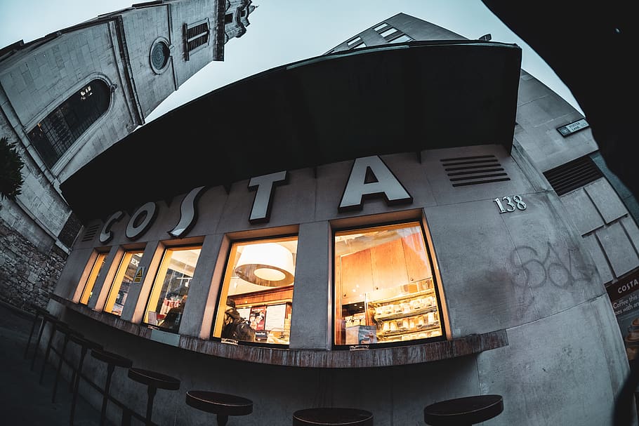 Costa store talking fisheye lens, architecture, building, food