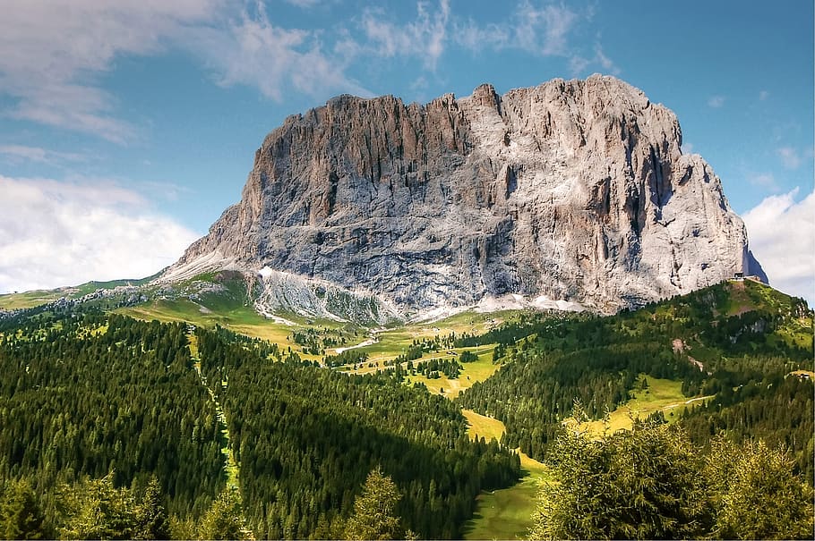 sassolungo, dolomites, mountains, italy, south tyrol, sky, clouds, HD wallpaper