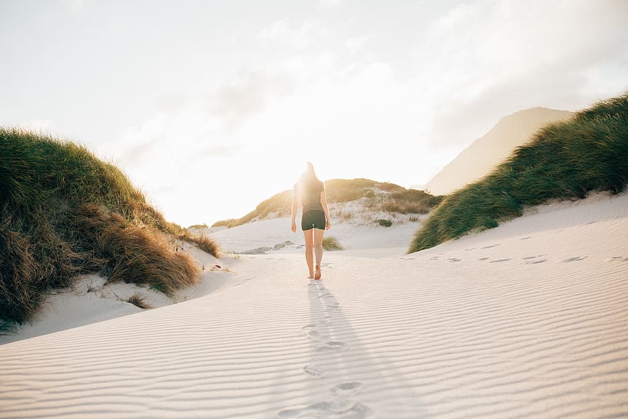 woman walking on beach sand, soil, nature, outdoors, dune, desert, HD wallpaper