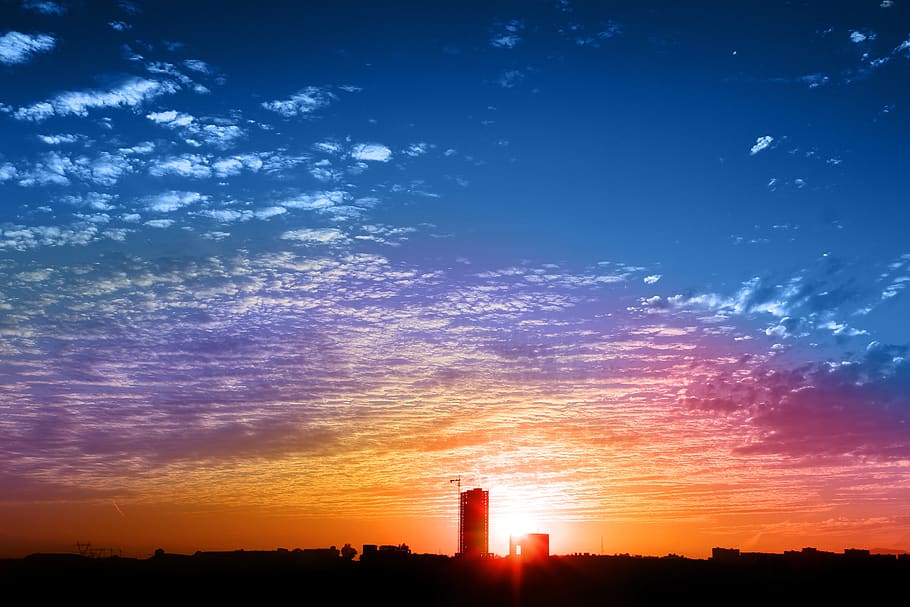 sky, cloud, color, sunset, beauty, nature, harmony, tower, view HD wallpaper