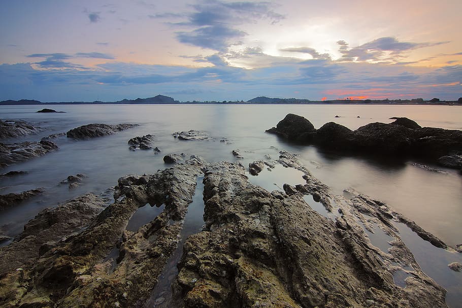 Top View of Beach and Rocks Under Grey Cloudy Sky, nature, ocean HD wallpaper