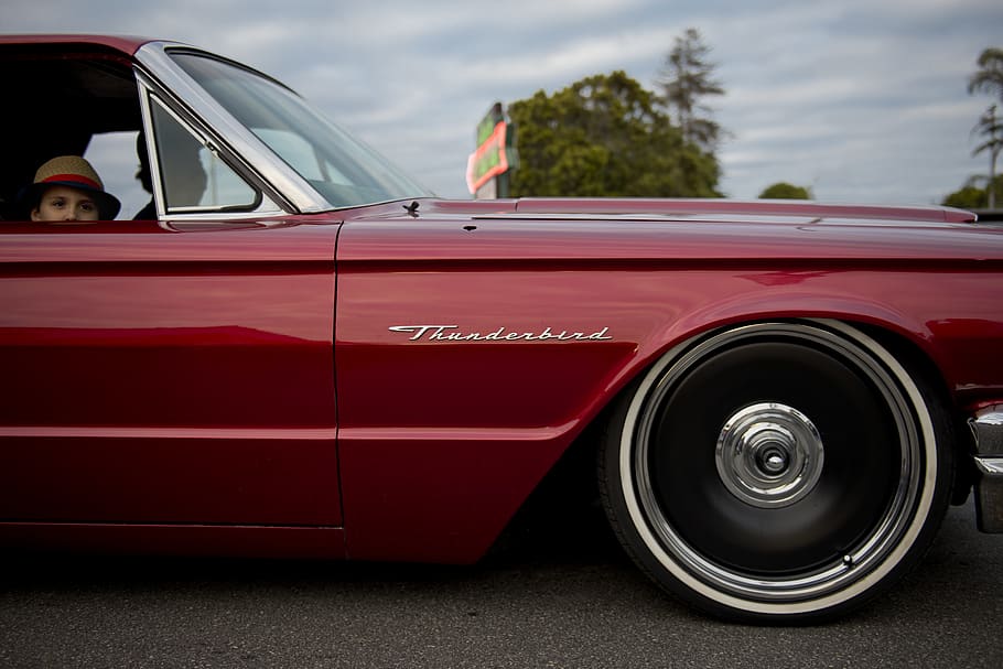 People Inside Red Thunderbird Car, asphalt, boy, chrome, classic HD wallpaper