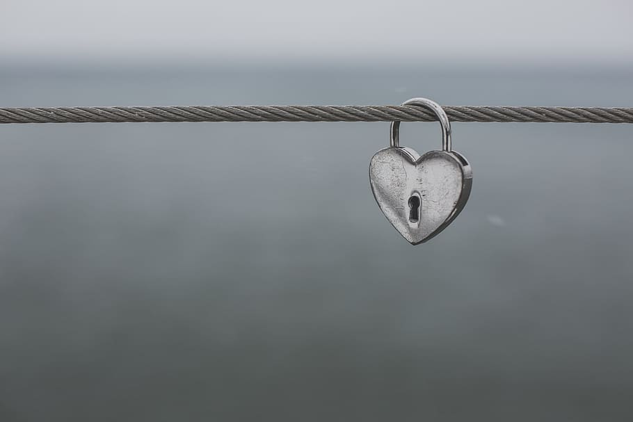 Heart Shaped Lock On Wire Photo, Love, Valentines Day, hanging