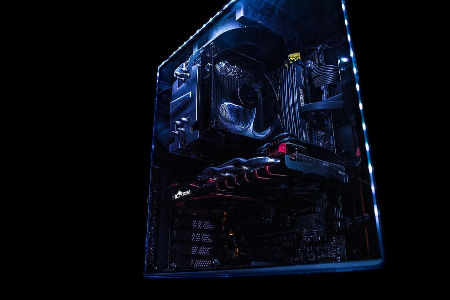 black and multicolored computer tower, no people, close-up, black background HD wallpaper