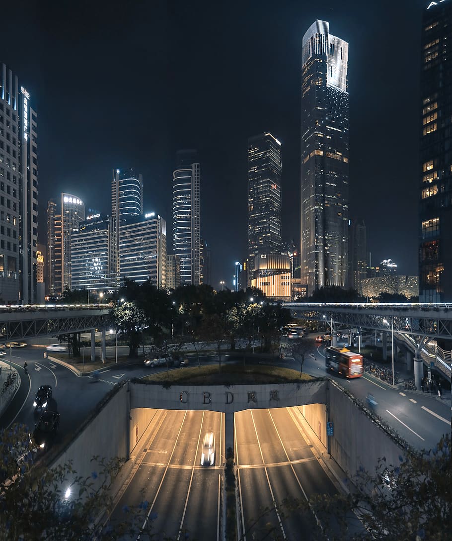 cityscape at night time, town, metropolis, building, urban, road HD wallpaper