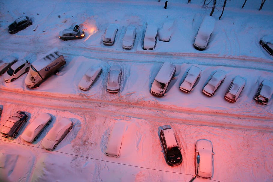 snow, parking, car, winter, lot, weather, cars, above, road HD wallpaper