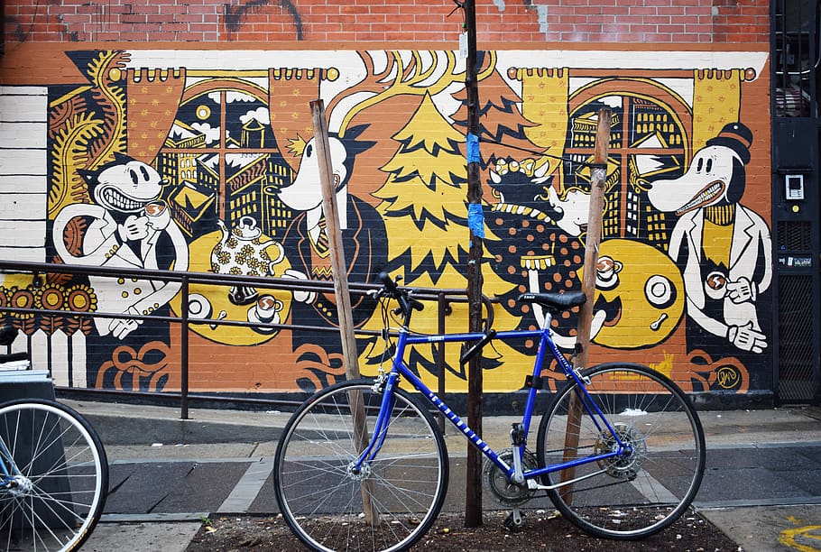 new york, wall street art in a public place, brooklyn, bike, HD wallpaper