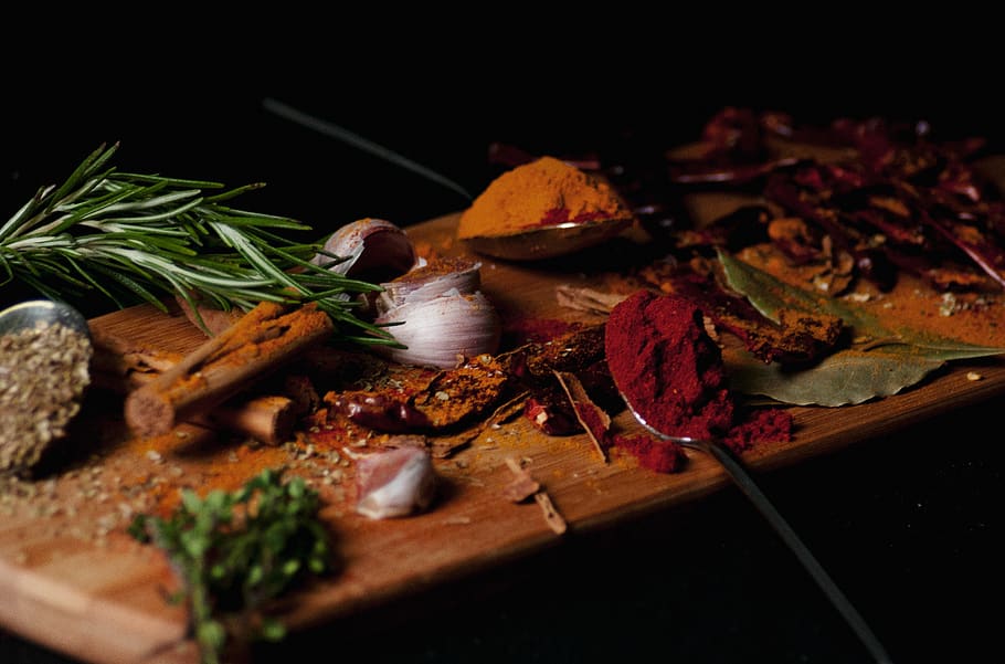 spices on chopping board, plant, food, produce, leaf, pizza, garlic
