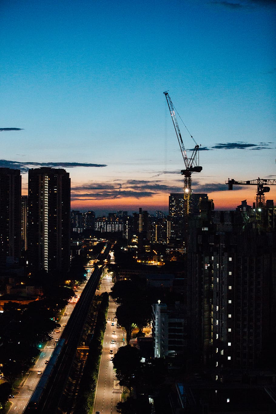 cityscape, crane, construction, buildings, architecture, sunset HD wallpaper