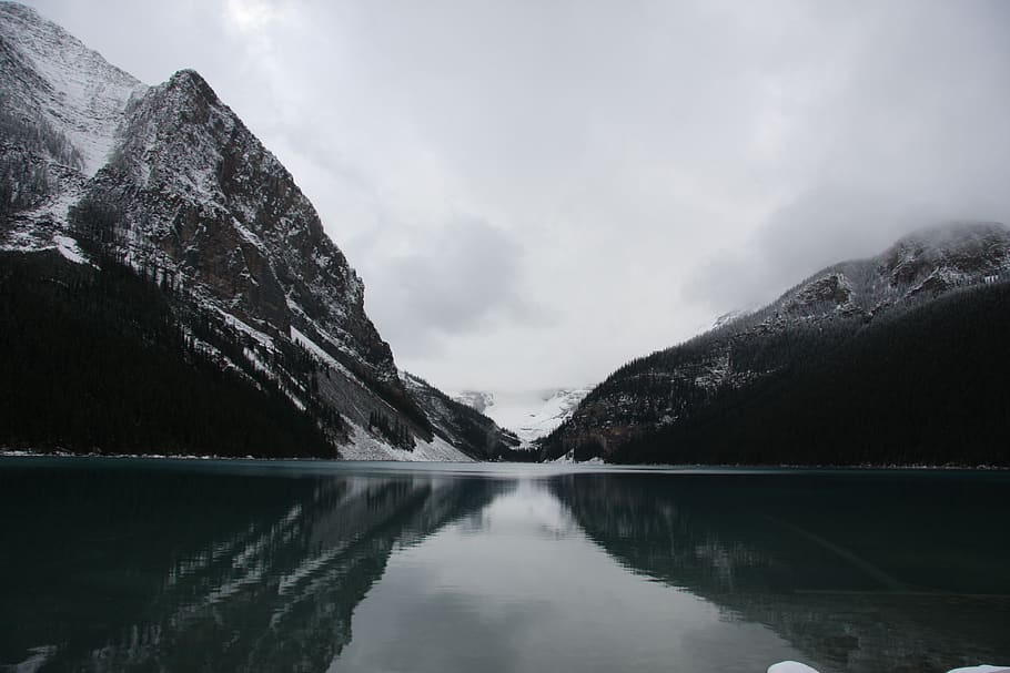 lake, canada, cabin, mountains, winter, snow, scenery, banff HD wallpaper
