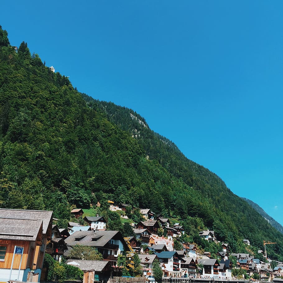 view, mountain, lake, green, village, nature, blue, sky, architecture HD wallpaper
