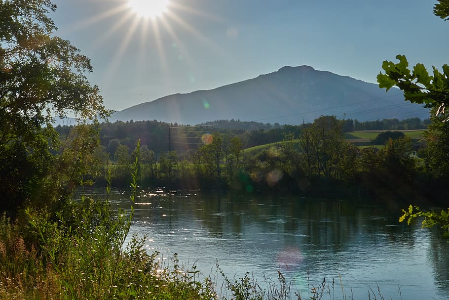 sunset, river, mountain, landscape, water, nature, dusk, sky HD wallpaper