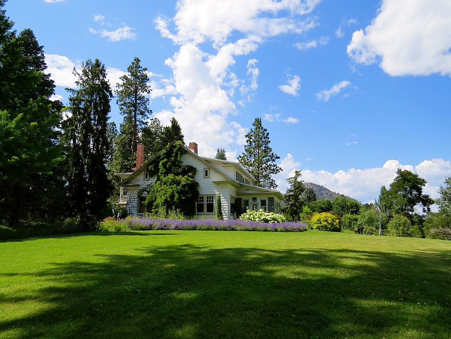 House Surrounded by Green Grass Below Clouds and Sky, architecture HD wallpaper