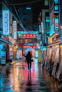 HD wallpaper: Cyberpunk Seoul, woman holding umbrella standing beside ...