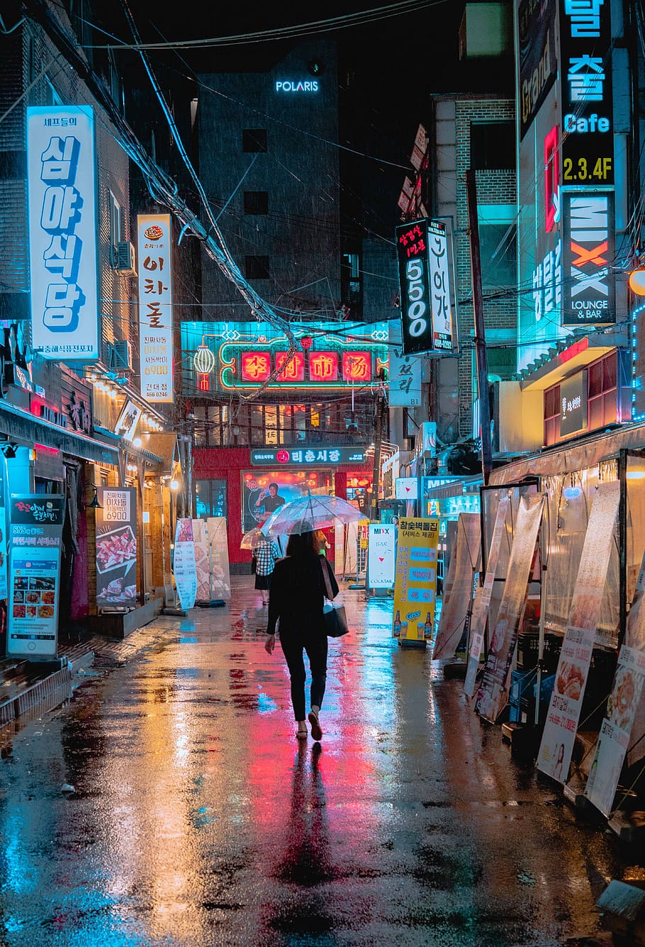 woman holding umbrella, wallpaper, street, urban, neon, rain