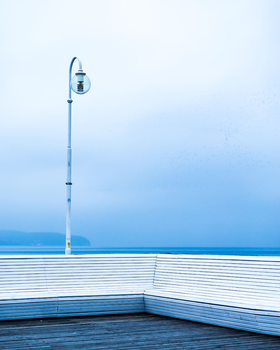 blue, sky, ocean, sea, coast, shore, bench, pier, dock, lamp post HD wallpaper