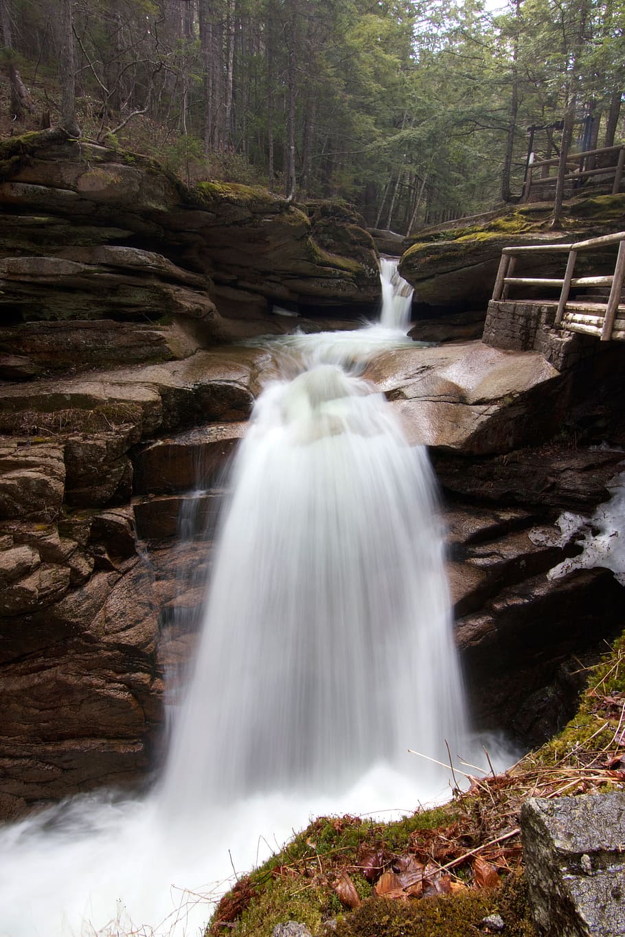 Waterfalls Between Rock Formations, long-exposure, rocks, stream HD wallpaper