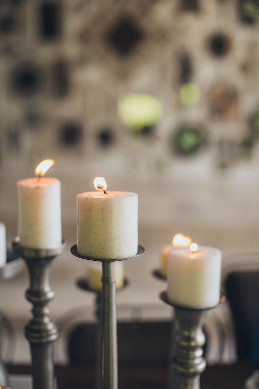 Three Lighted Pillar Candles , candlelight, flame, wax, fire HD wallpaper
