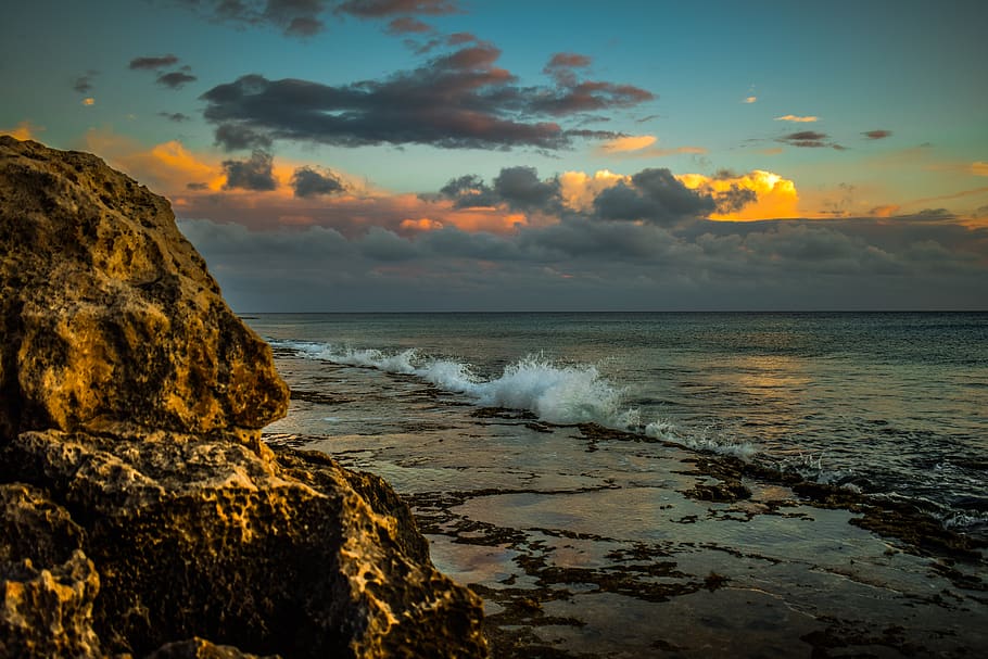 rocky coast, beach, sky, clouds, afternoon, evening, scenery HD wallpaper