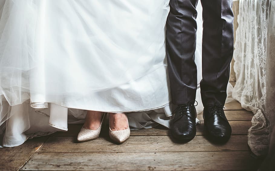 Bride and Groom Foot Photo, adults, celebration, couple, dress, HD wallpaper