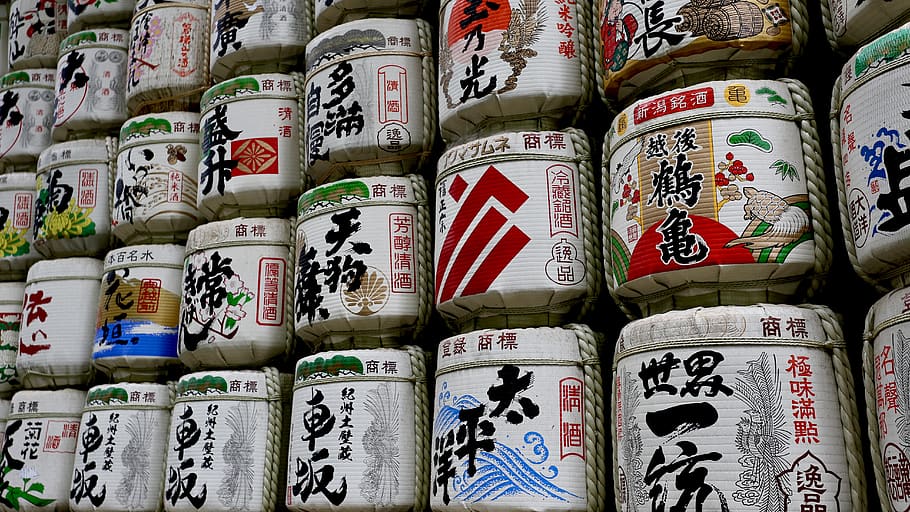 assorted-color kanji text jars, beverage, drink, sake, alcohol HD wallpaper