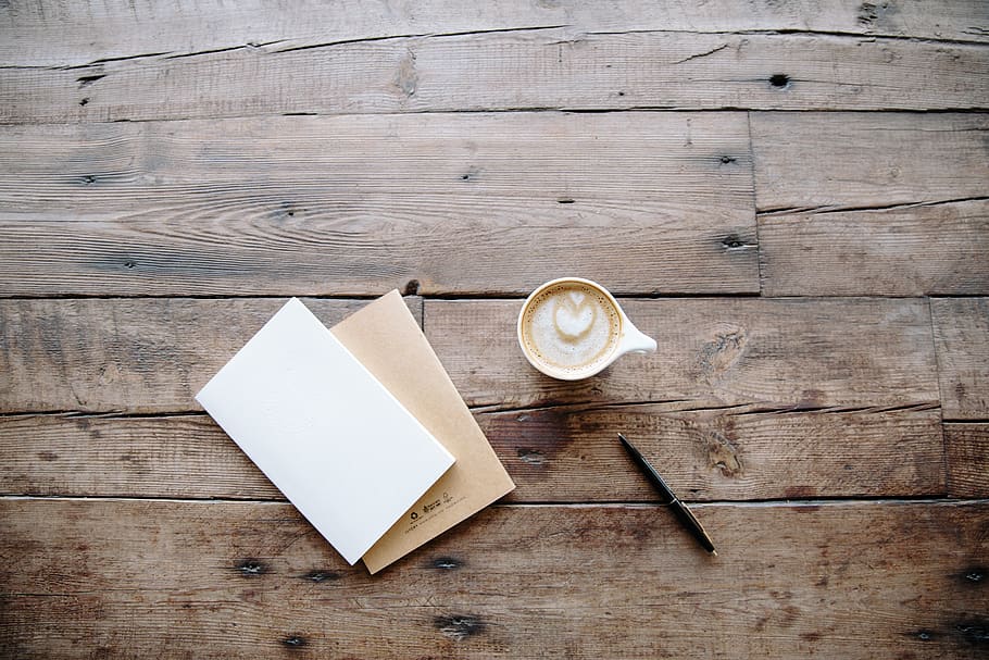 notepad, notebook, journal, pen, writing, cafe, coffee, latte HD wallpaper