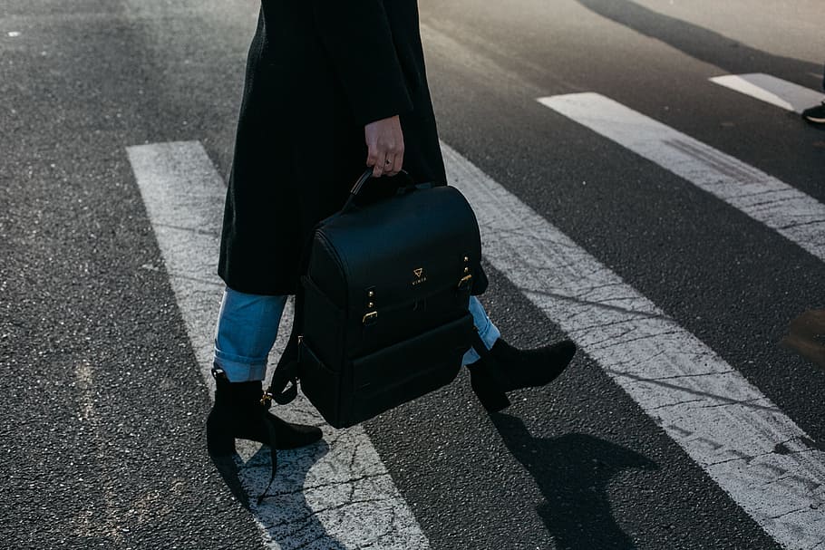 Person Carrying Bag Walking on Pedestrian Lane, asphalt, backpack HD wallpaper