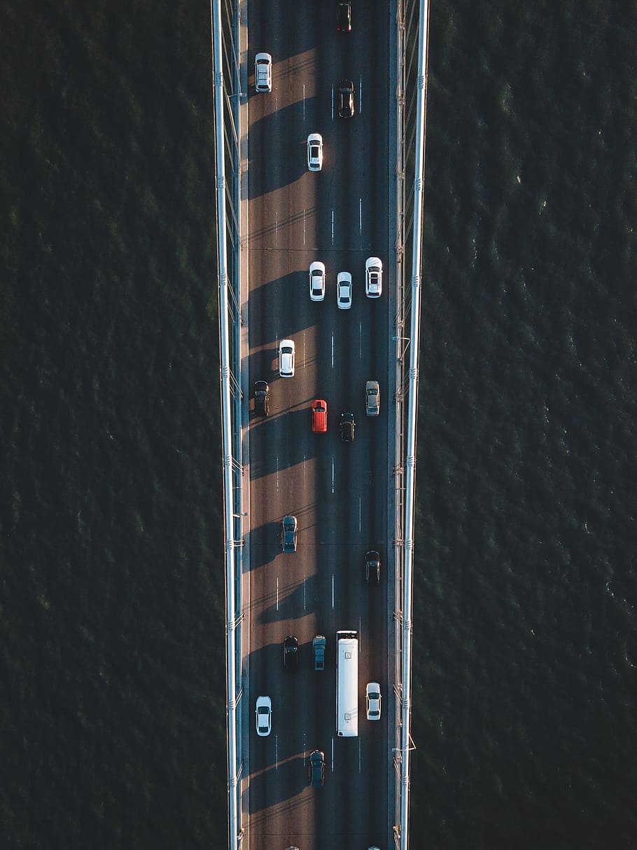 aerial photography of vehicles on road, car, bridge, highway HD wallpaper