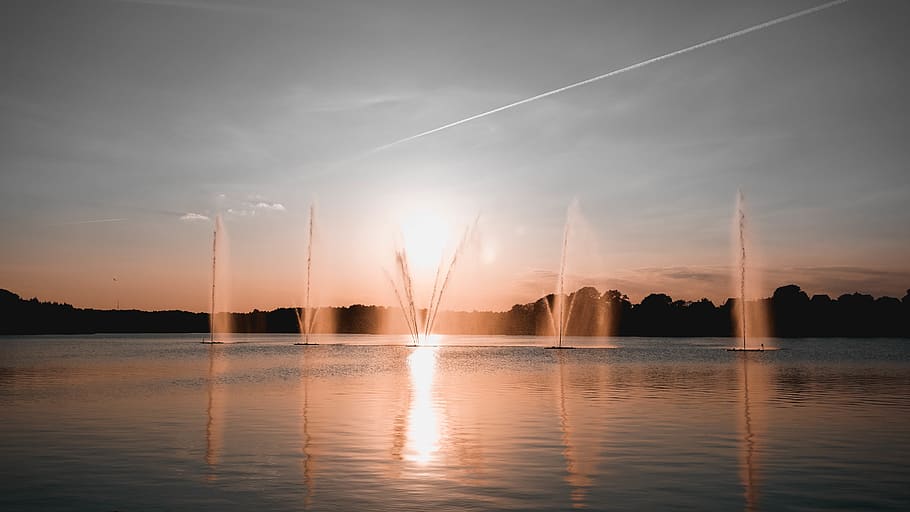 denmark, silkeborg, evening, water, sunset, fountain, lake HD wallpaper