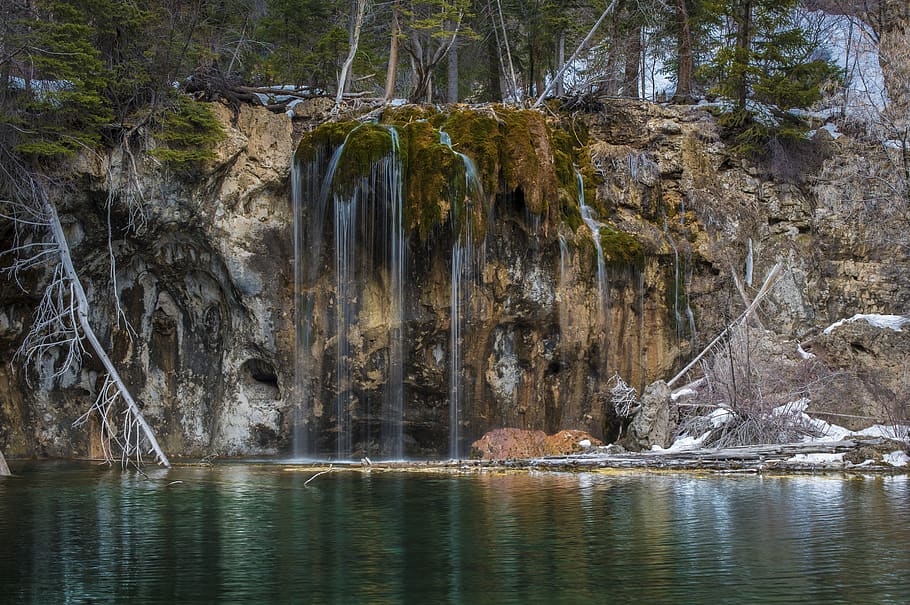 waterfall, stream, nature, green, grass, landscape, rocks, tree HD wallpaper